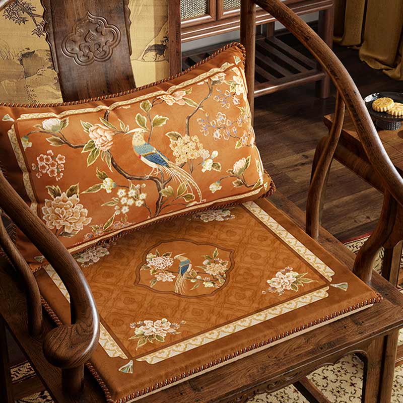 Chinoiserie Orange Chirp High-end Wooden Chair Cushion