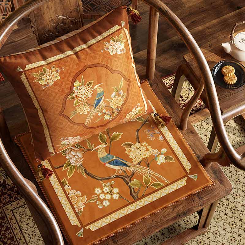 Chinoiserie Orange Chirp High-end Wooden Chair Cushion