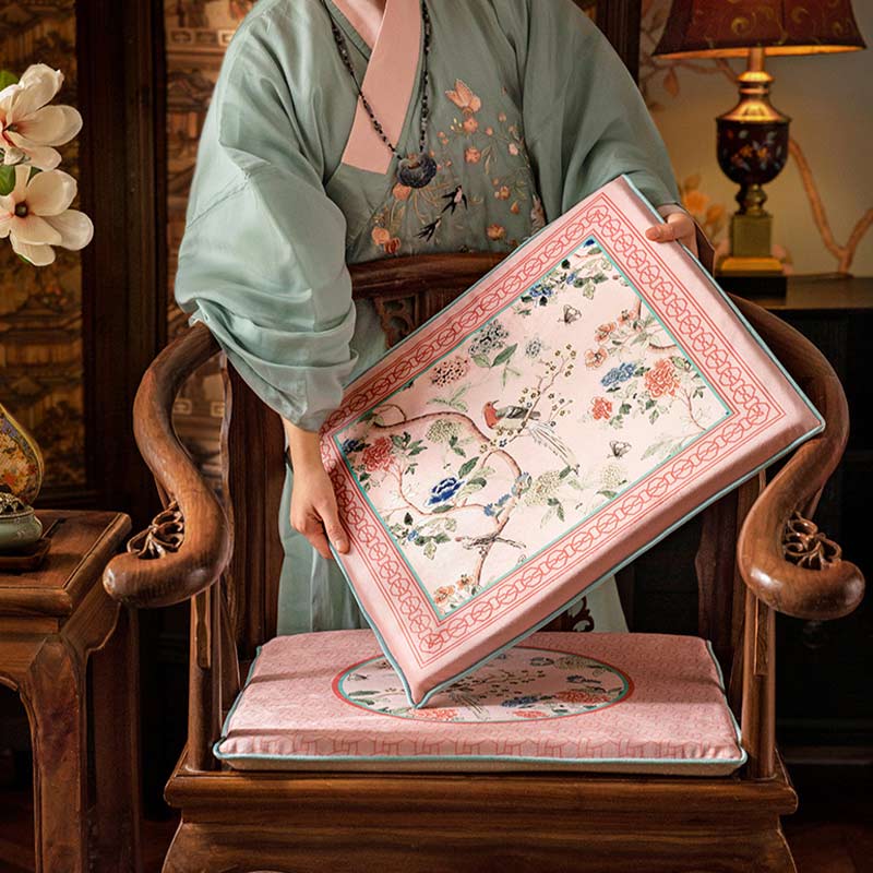 Chinoiserie Pink Spring High-end Wooden Chair Cushion