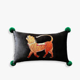 Chinoiserie Handmade Embroidery Velvet Lumbar Pillow Black Tiger