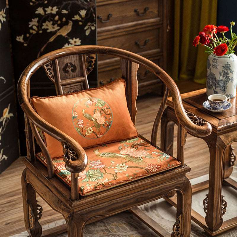 Chinoiserie Mountain Hydrangea Short Plush Wooden Chair Cushion