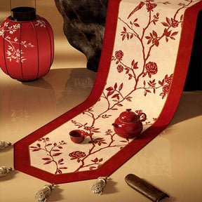 Chinoiserie  Wedding  Luxe Flower and Bird Red Table Runner