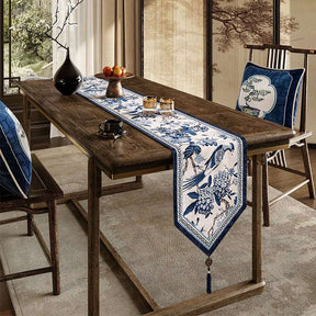 Chinoiserie Traditional Blue and White Long Table Runner