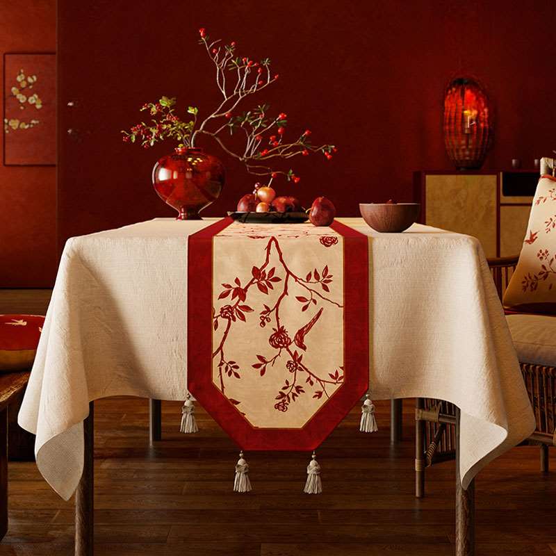 Chinoiserie  Wedding  Luxe Flower and Bird Red Table Runner