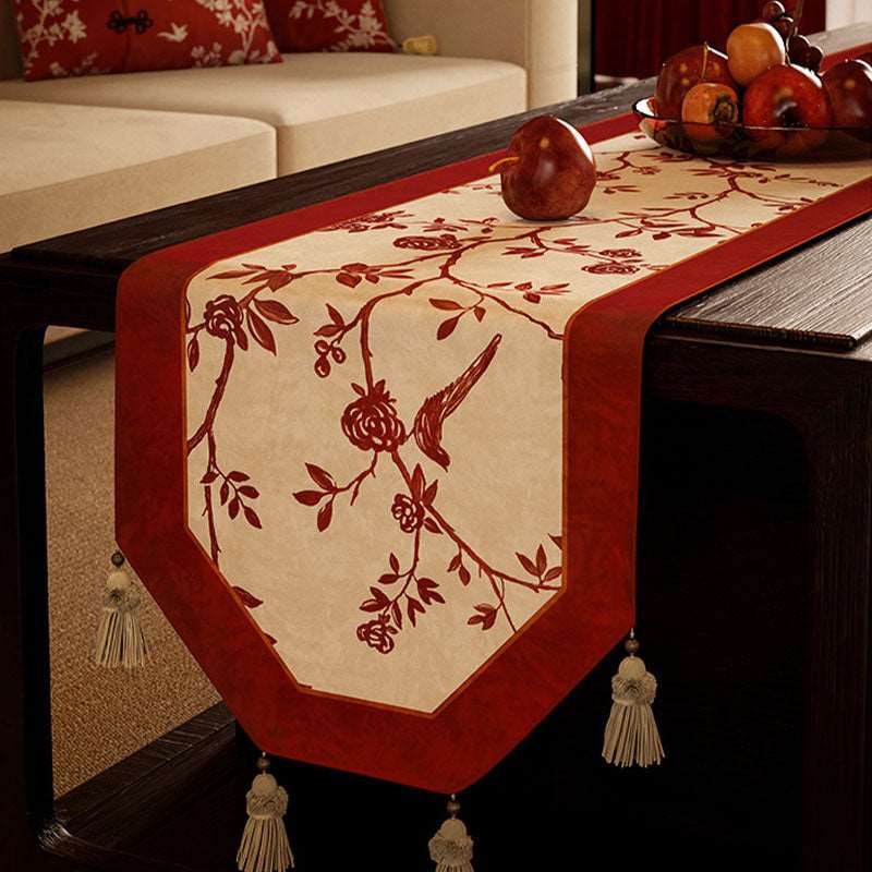 Chinoiserie  Wedding  Luxe Flower and Bird Red Table Runner