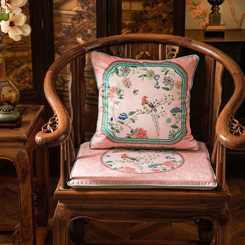 Chinoiserie Pink Spring High-end Wooden Chair Cushion