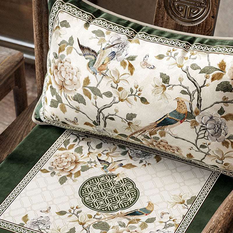 Chinoiserie Warm Spring Dark Green Flower and Birds Lumbar Pillow