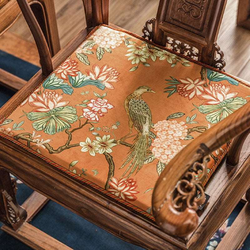 Chinoiserie Mountain Hydrangea Short Plush Wooden Chair Cushion