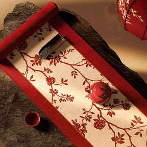 Chinoiserie  Wedding  Luxe Flower and Bird Red Table Runner