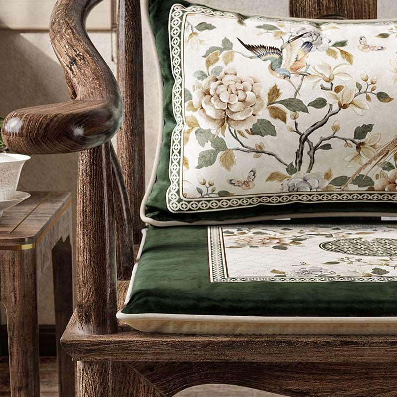 Chinoiserie Warm Spring Dark Green Wooden Chair Cushion