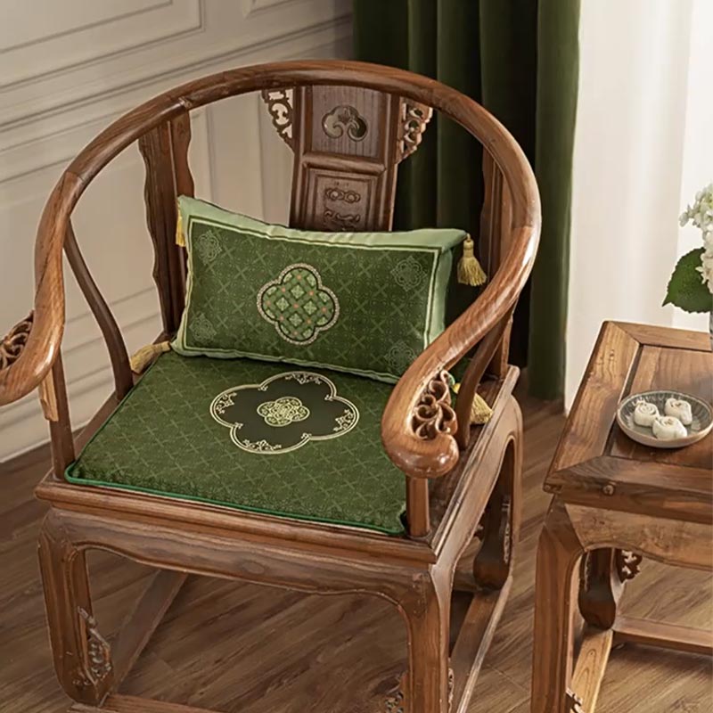 Chinoiserie Dark Green Vintage Short Plush Chair Cushion