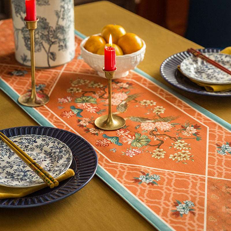 Chinoiserie Orange Mountain Hydrangea Table Runner