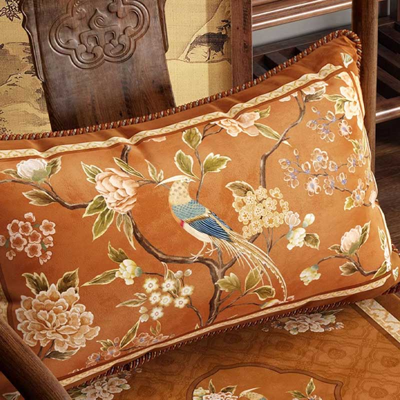 Chinoiserie Orange Chirp High-end Wooden Chair Cushion