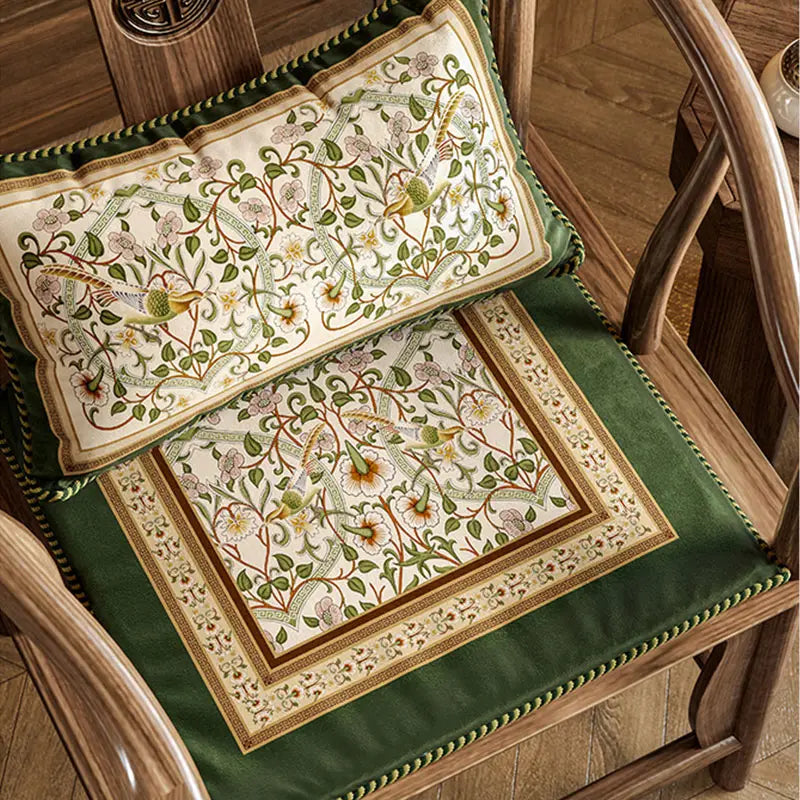 Chinoiserie Floral Vine Short Plush Wooden Chair Cushion