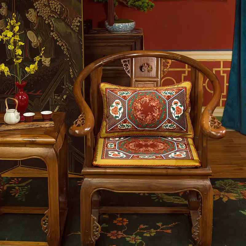 Chinoiserie Red-Yellow Glass Chinese Imperial Chair Cushion