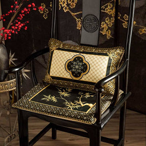 Chinoiserie Vintage Short Plush Lumbar Pillow Black-Gold Bamboo 30 x 50 cm