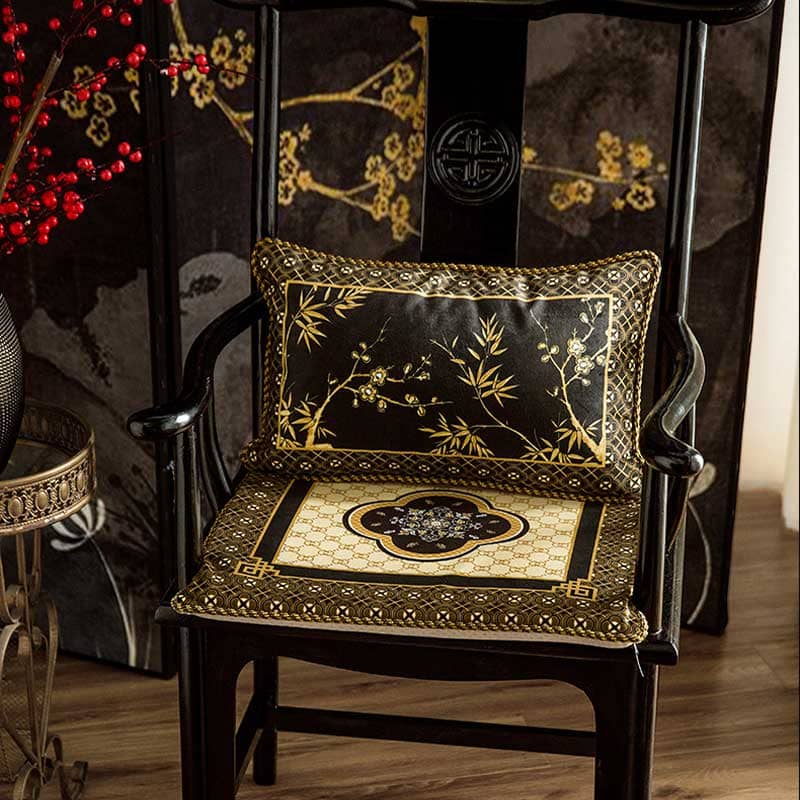 Chinoiserie Vintage Short Plush Lumbar Pillow Black-Gold Bamboo 30 x 50 cm