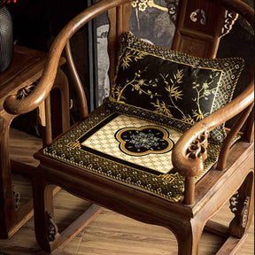 Chinoiserie Black-Gold Bamboo Vintage Wooden Chair Cushion