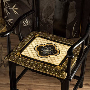 Chinoiserie Black-Gold Bamboo Vintage Wooden Chair Cushion