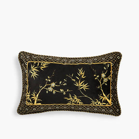 Chinoiserie Vintage Short Plush Lumbar Pillow Black-Gold Bamboo 30 x 50 cm