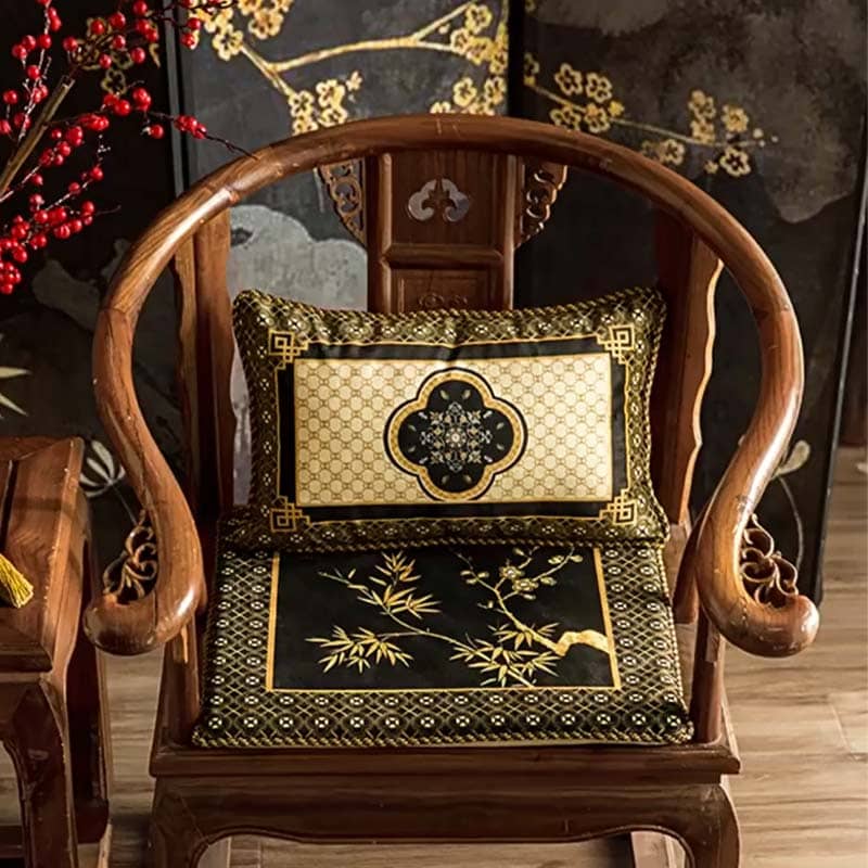 Chinoiserie Vintage Short Plush Lumbar Pillow Black-Gold Bamboo 30 x 50 cm