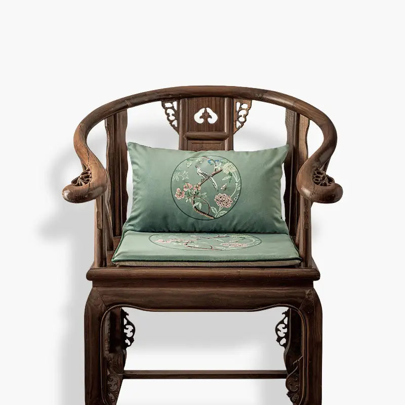 Chinoiserie Blue-Green Sparrow Short Plush Wooden Chair Cushion