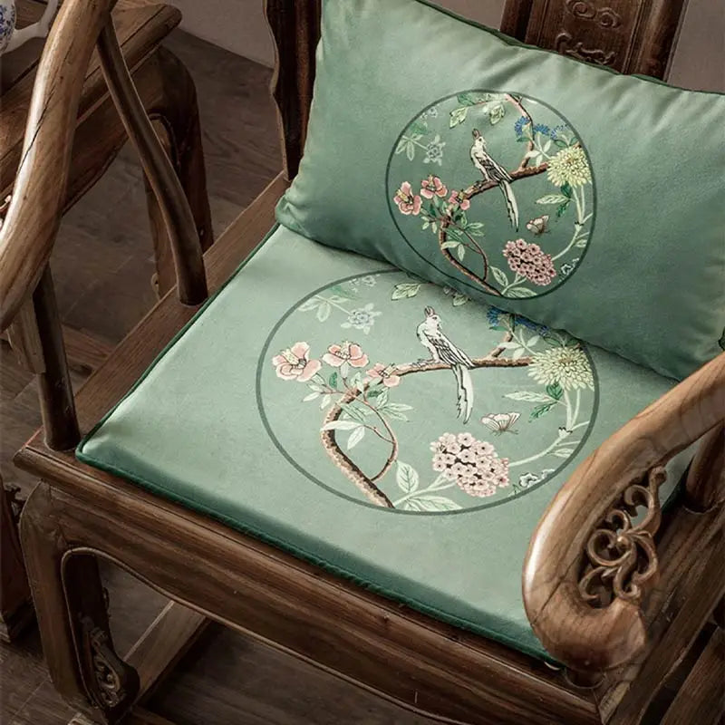 Chinoiserie Blue-Green Sparrow Short Plush Wooden Chair Cushion