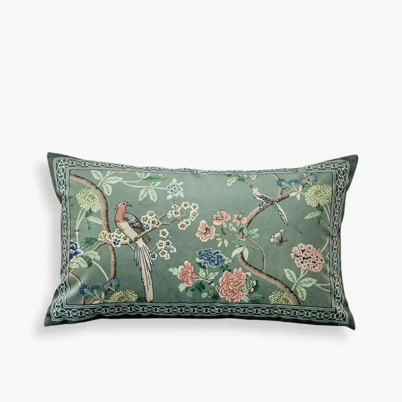 Chinoiserie Blue-Green Sparrow Short Plush Wooden Chair Cushion