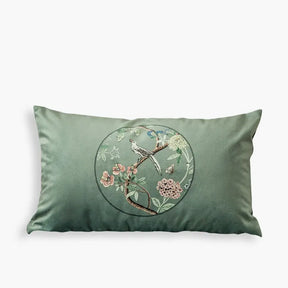 Chinoiserie Blue-Green Sparrow Short Plush Lumbar Pillow