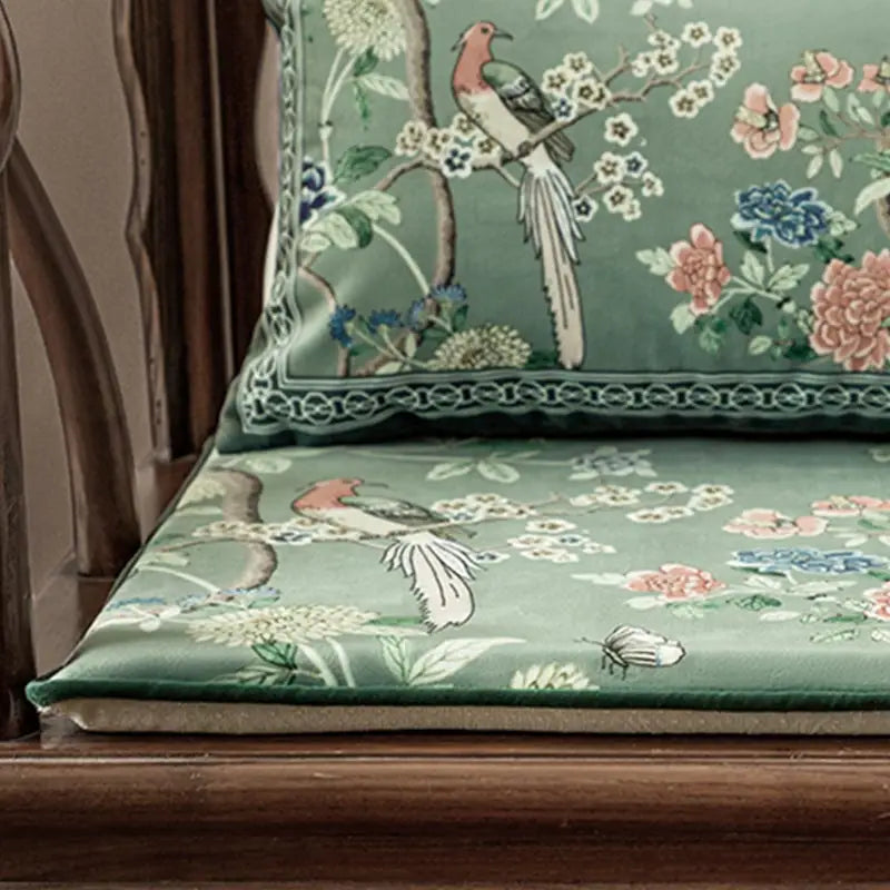 Chinoiserie Blue-Green Sparrow Short Plush Lumbar Pillow