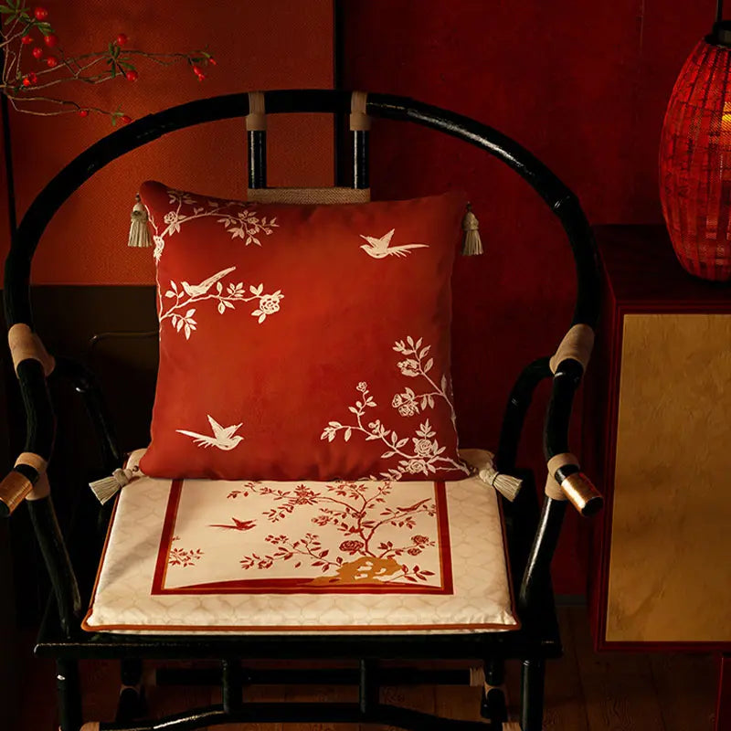 Chinoiserie Rose Moonlight Chinese Red Festival Chair Cushion