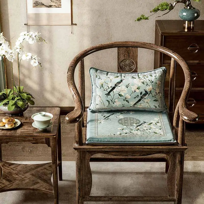 Chinoiserie Magpie and Magnolia Short Plush Chair Cushion