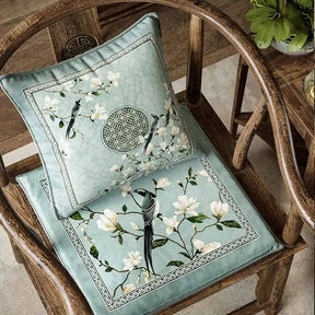 Chinoiserie Magpie and Magnolia Short Plush Chair Cushion