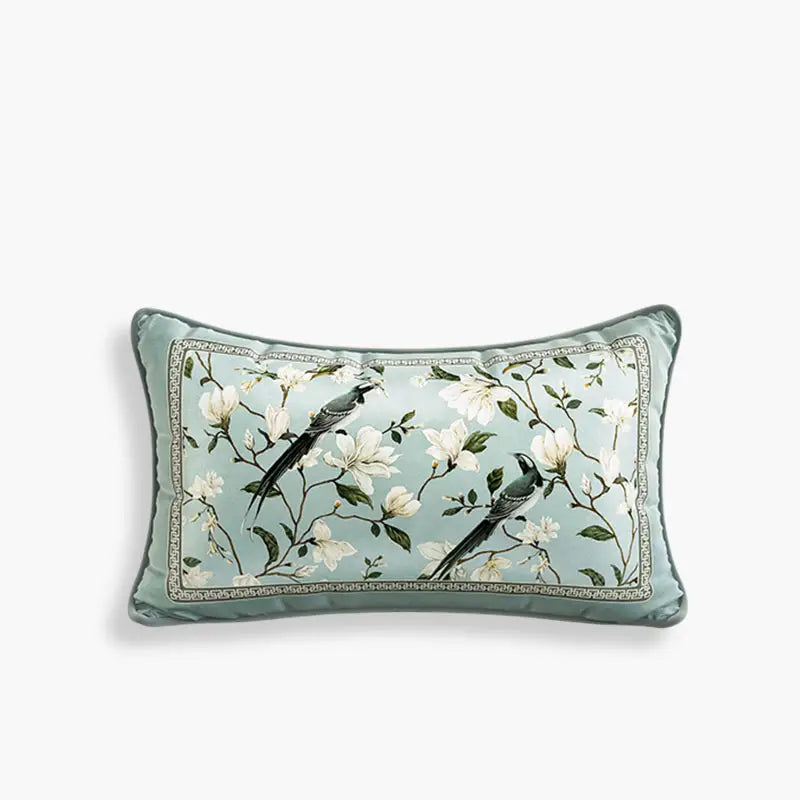 Chinoiserie Blue Magpie and Magnolia Short Plush Lumbar Pillow