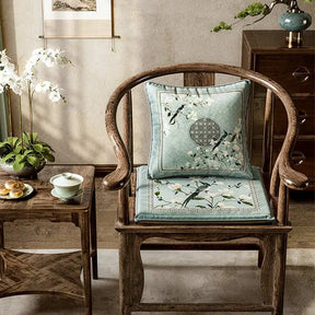 Chinoiserie Magpie and Magnolia Short Plush Chair Cushion