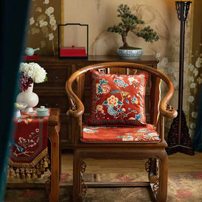 Chinoiserie Classical Red Flowers and Birds Short Plush Chair Cushion