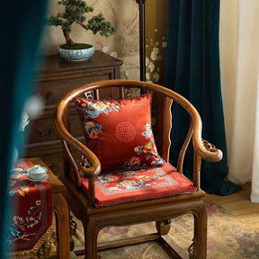 Chinoiserie Classical Red Flowers and Birds Short Plush Chair Cushion