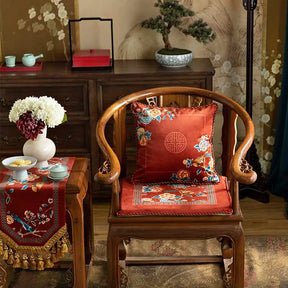 Chinoiserie Classical Red Flowers and Birds Short Plush Chair Cushion