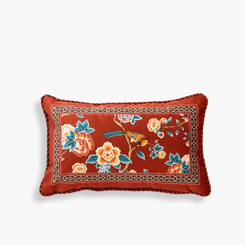 Chinoiserie Classical Red Flowers and Birds Short Plush Lumbar Pillow