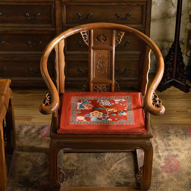 Chinoiserie Classical Red Flowers and Birds Short Plush Chair Cushion