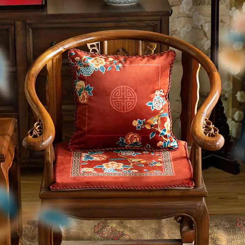 Chinoiserie Classical Red Flowers and Birds Short Plush Chair Cushion