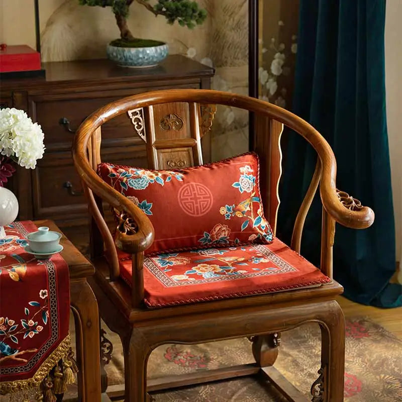 Chinoiserie Classical Red Flowers and Birds Short Plush Chair Cushion