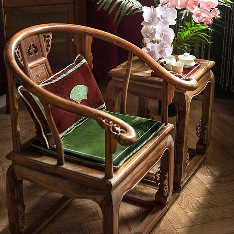 Chinoiserie Bamboo and Plum Blossoms Short Plush Chair Cushion