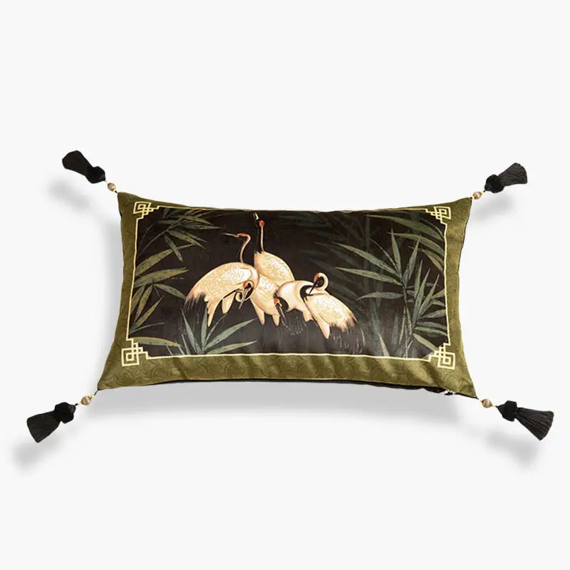 Chinoiserie White Crane Short Plush Lumbar Pillow