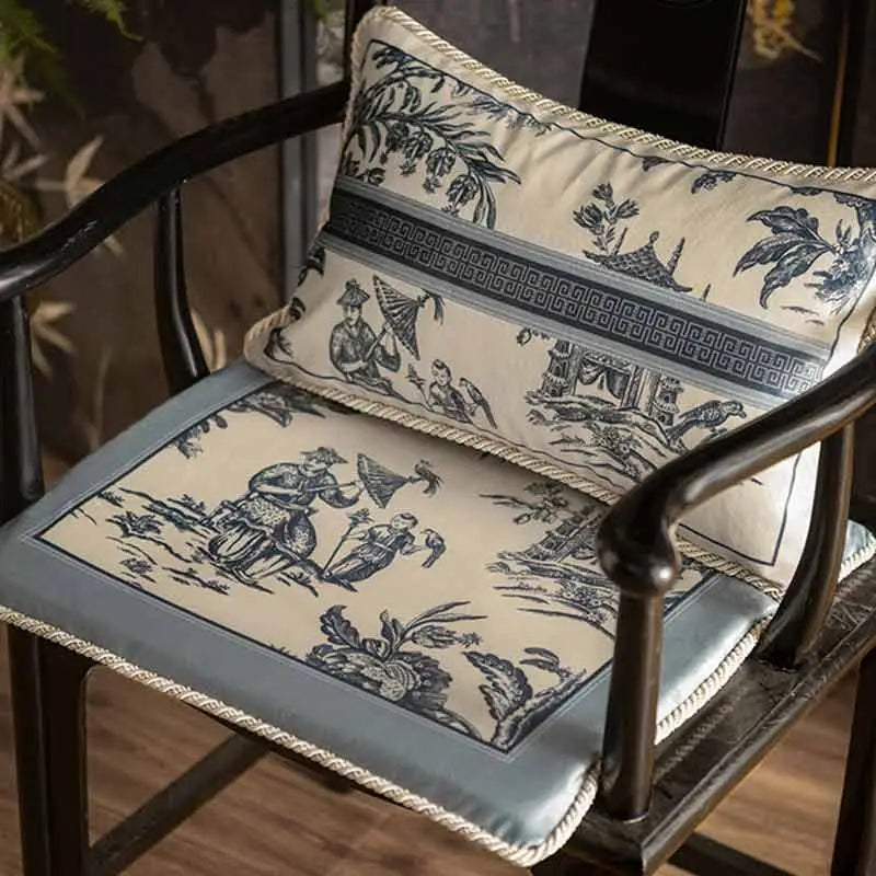 Chinoiserie Blue and White Porcelain Short Plush Chair Cushion