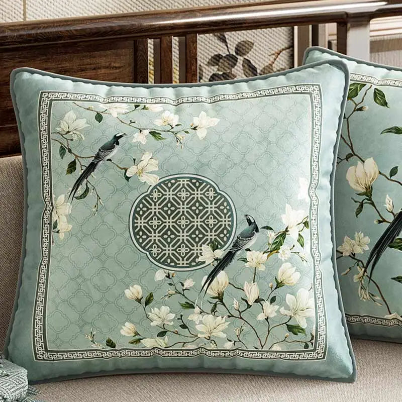 Chinoiserie  Plush Fabric Original Blue Throw Pillow Orchid Courtyard