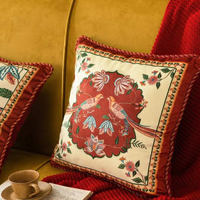 Chinoiserie Original Red Floral and Avian Throw Pillow Elysian Blooms