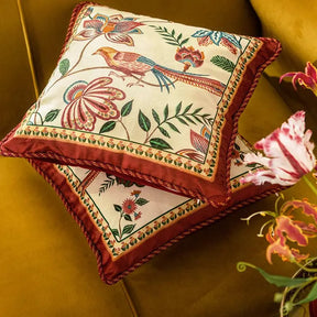 Chinoiserie Original Red Floral and Avian Throw Pillow Elysian Blooms