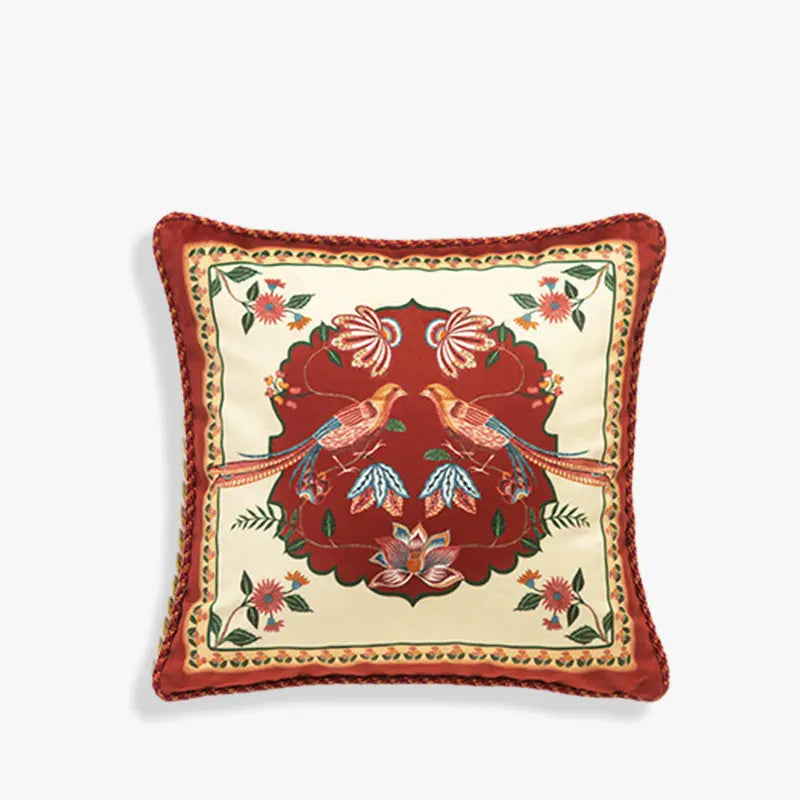 Chinoiserie Original Red Floral and Avian Throw Pillow Elysian Blooms