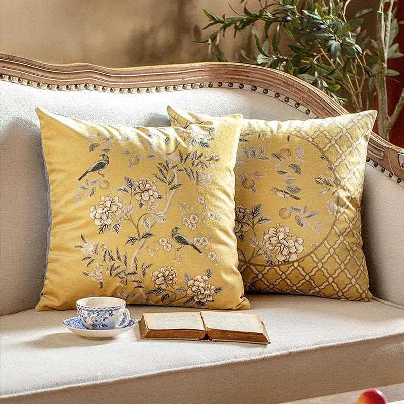 Chinoiserie Original Yellow Flowers and Birds Throw Pillow Autumn Abundance